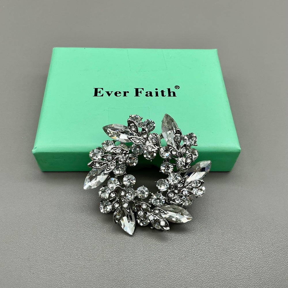 Ever Faith Brooch Women Silver Tone Wreath Crystal Rhinestone Floral Pin Gift